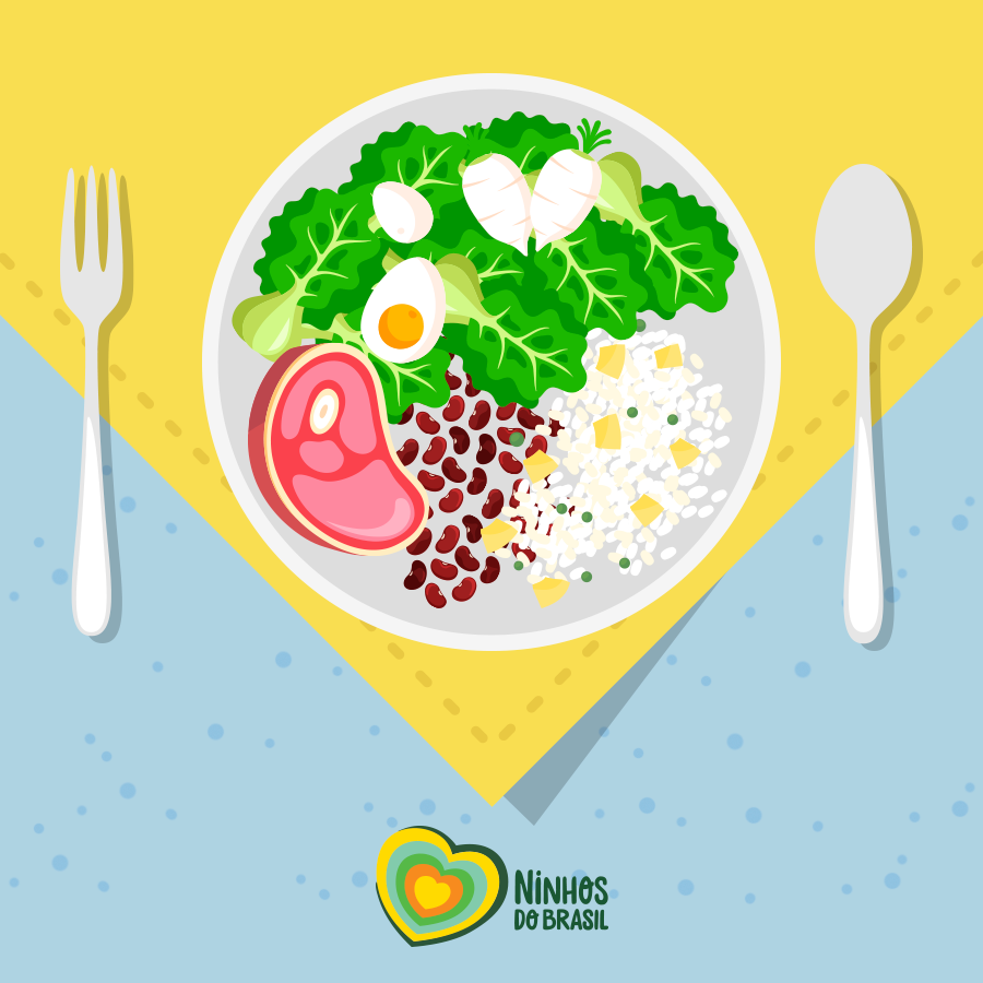 Carboidratos na alimentação infantil: a imagem é a ilustração de um prato com arroz, feijão, carne, salada e ovo sobre uma mesa com fundo azul e amarelo. 