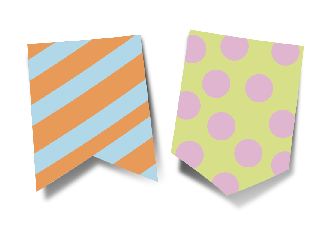 Duas bandeirinhas de São João e festa junina, uma listrada na diagonal com faixas azuis e cor de laranja, a outra, amarela com bolinhas roxas.