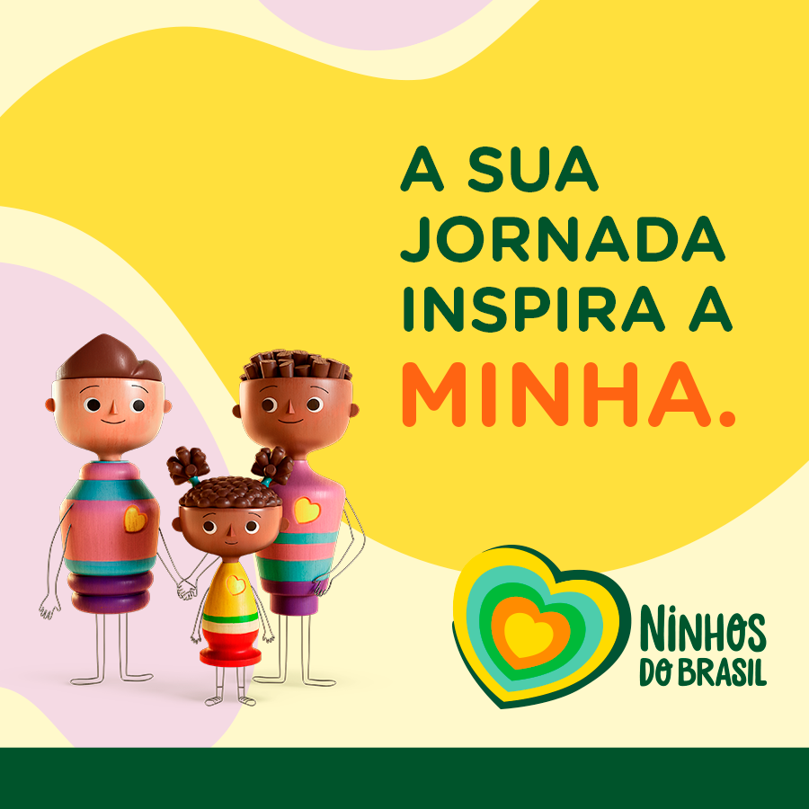 Card feito para enviar para pessoas inspiradoras. É uma ilustração mostrando uma família composta por dois pais e uma filha, Em destaque, está escrito: "A sua jornada inspira a minha". A imagem é assinada pelo logo do projeto Ninhos do Brasil