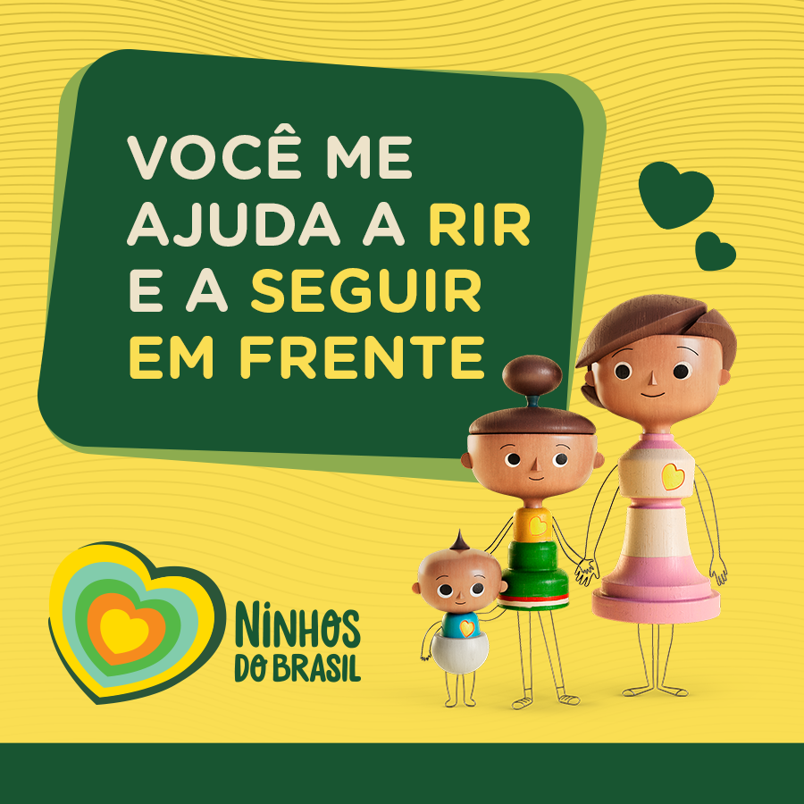 Card feito para enviar para pessoas inspiradoras. É uma ilustração mostrando uma família composta por uma mãe, uma criança e um bebê. Em destaque, está a mensagem “Você me ajuda a rir e a seguir em frente". A imagem é assinada pelo logo do projeto Ninhos do Brasil.