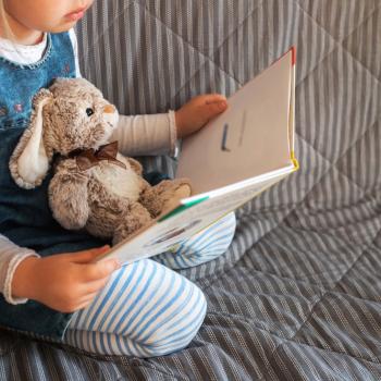 Alfabetização infantil: uma criança está ajoelhada no sofá lendo um livro. Em seu colo, está um ursinho de pelúcia. 
