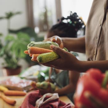 foto de um adulto e duas crianças manuseando vegetais: abobrinhas, cenouras e pimentões, aliemntos que são fundamentais para a alimentação de uma criança vegetariana.