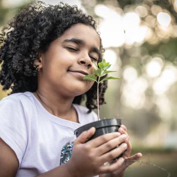 Como preservar o meio ambiente: espalhe essa semente Uma menina segura um vaso pequeno com uma muda de planta entre as mãos. Ela está ao ar livre e de olhos fechados.