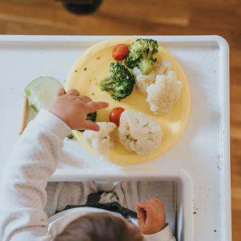 Uma fotografia tirada de cima mostra um bebê em fase de introdução alimentar e seu prato amarelo  com vegetais coloridos a sua frente