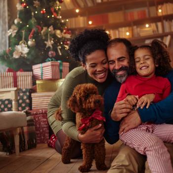 Dinâmicas de Natal: muito mais diversão para as festas de fim de ano Homem e mulher abraçados com a filha e um cachorrinho no chão, na sala de casa em frente a uma árvore de natal