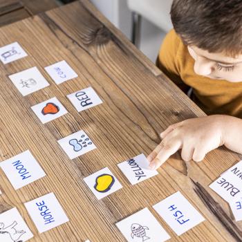 Sentado à mesa, está um menino vestindo uma blusa amarela. Sobre a mesa, há várias cartas com imagens de cores e animais, juntamente com seus respectivos nomes. O menino está associando os nomes às imagens correspondentes.