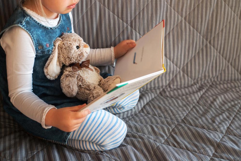 Alfabetização infantil: uma criança está ajoelhada no sofá lendo um livro. Em seu colo, está um ursinho de pelúcia. 