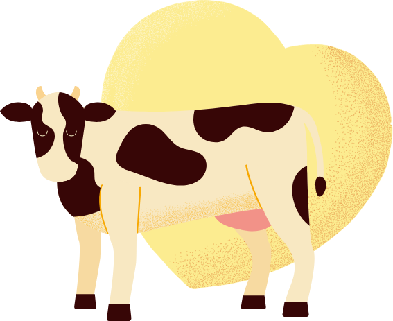 uma vaca com um coração amarelo grande ao fundo